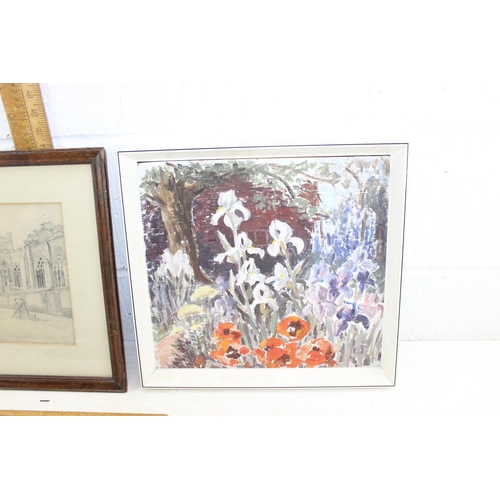 485 - 3 original artworks to include an antique pencil of St Alban Abbey with Rowley Gallery label, a flor... 