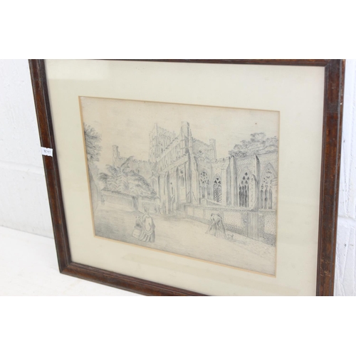 485 - 3 original artworks to include an antique pencil of St Alban Abbey with Rowley Gallery label, a flor... 