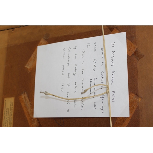 485 - 3 original artworks to include an antique pencil of St Alban Abbey with Rowley Gallery label, a flor... 