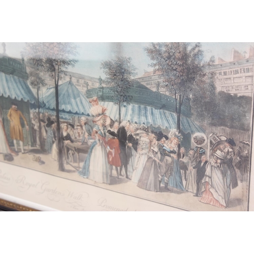 490 - Two antique coloured etchings to include HMS Agamemnon and 'The Palais Royal Garden Walk', dated bot... 