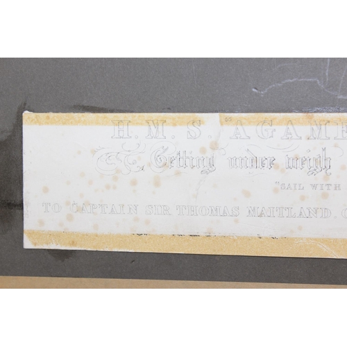 490 - Two antique coloured etchings to include HMS Agamemnon and 'The Palais Royal Garden Walk', dated bot... 