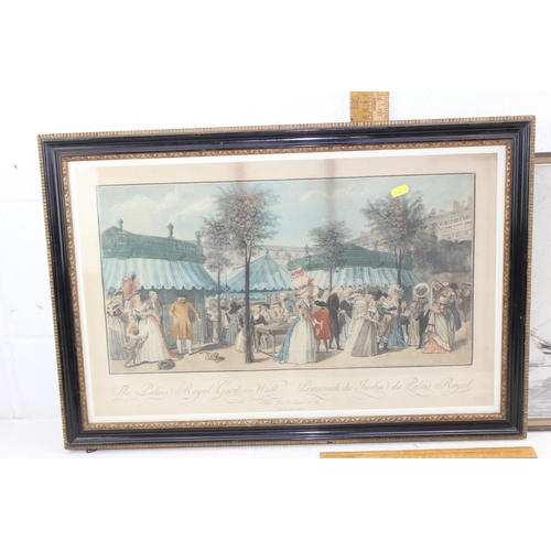 490 - Two antique coloured etchings to include HMS Agamemnon and 'The Palais Royal Garden Walk', dated bot... 