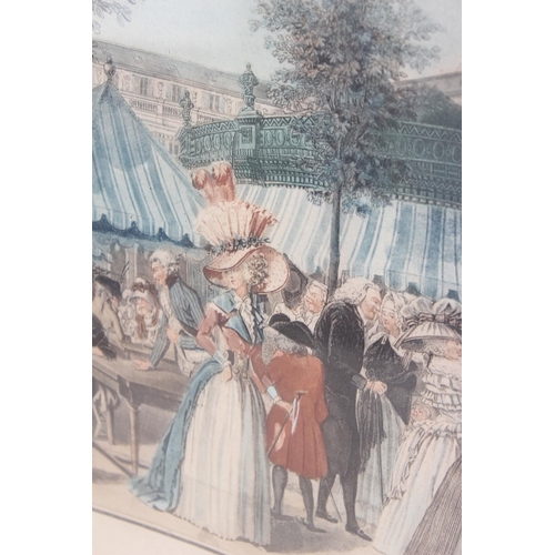 490 - Two antique coloured etchings to include HMS Agamemnon and 'The Palais Royal Garden Walk', dated bot... 