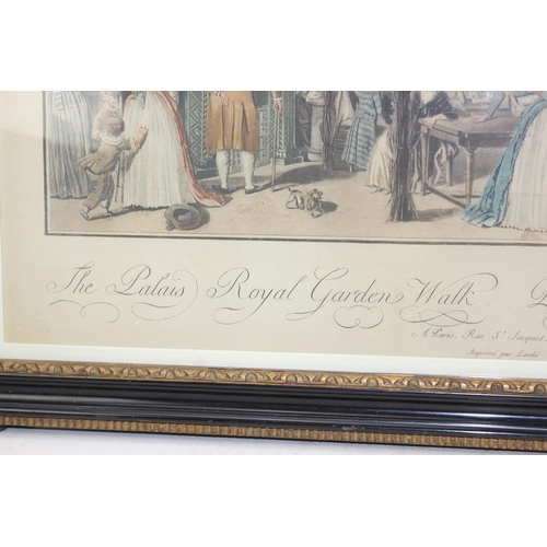 490 - Two antique coloured etchings to include HMS Agamemnon and 'The Palais Royal Garden Walk', dated bot... 