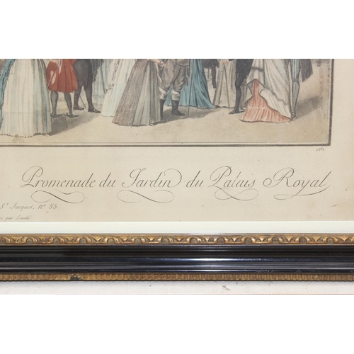 490 - Two antique coloured etchings to include HMS Agamemnon and 'The Palais Royal Garden Walk', dated bot... 