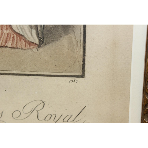 490 - Two antique coloured etchings to include HMS Agamemnon and 'The Palais Royal Garden Walk', dated bot... 