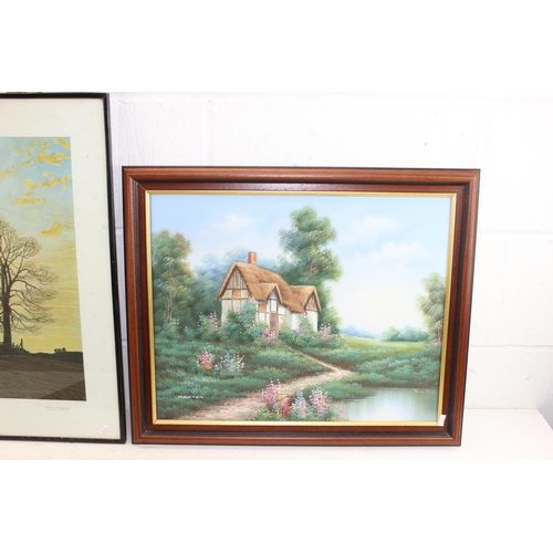 499 - An original oil painting of a house signed Marten & 2 prints