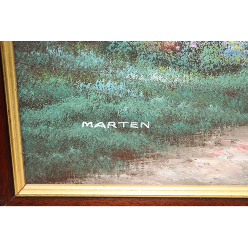 499 - An original oil painting of a house signed Marten & 2 prints