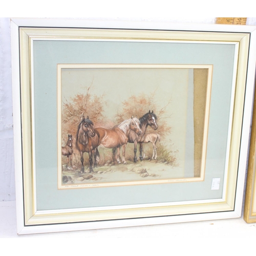 501 - Andrew Alexander (XX), New Forest Mares & Foals watercolour of horses and 2 other antique prints (3)