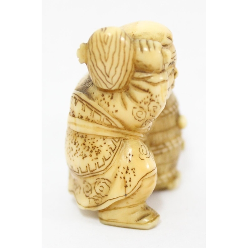 1605 - 3 Japanese carved netsukes, male crawling, signed, approx 58mm long, male with mallet & seated male