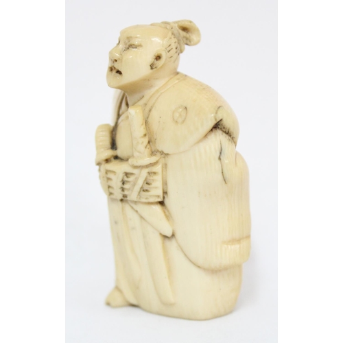 1606 - 3 Japanese carved netsukes, Samurai Warrior, approx 53mm long, seated male with washing & seated Bud... 