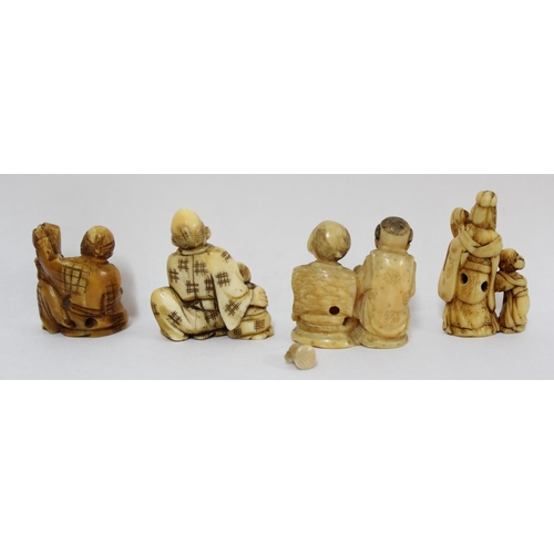 1608 - 4 Japanese carved netsukes, female with child, approx 41mm tall, seated male with child, seated male... 