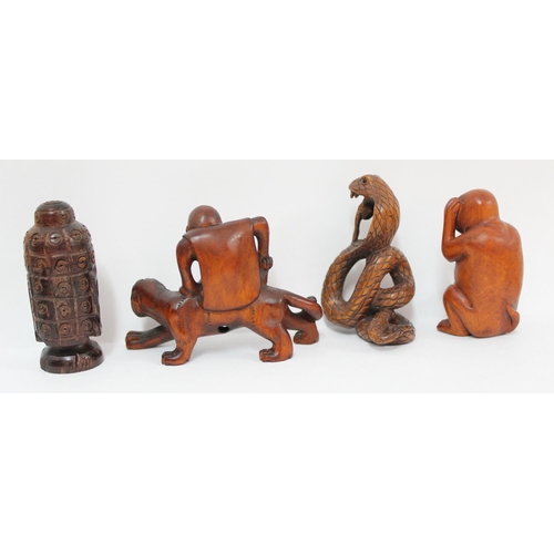 1614 - 3 Japanese carved wooden netsukes and another carved wooden figure, hear no evil Monkey, man on tige... 