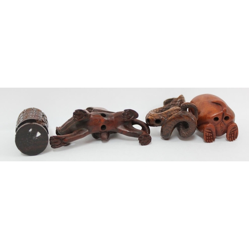 1614 - 3 Japanese carved wooden netsukes and another carved wooden figure, hear no evil Monkey, man on tige... 