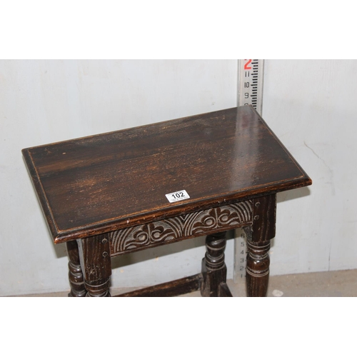 102 - Antique Oak joint or coffin stool with carved details