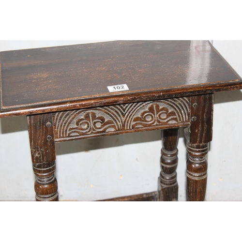 102 - Antique Oak joint or coffin stool with carved details