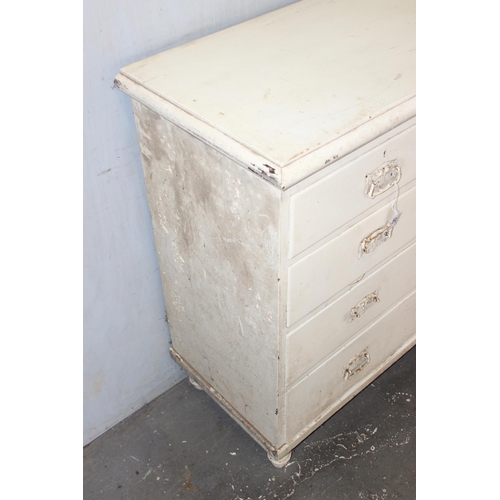 30 - Antique painted pine 2 over 3 chest of drawers standing on bun feet with Art Nouveau handles