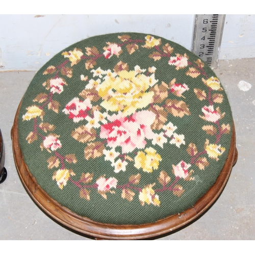 50 - 2 antique round footstools, one with tapestry top, the other beadwork