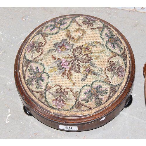 50 - 2 antique round footstools, one with tapestry top, the other beadwork