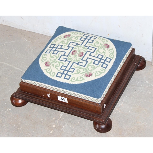 52 - A small mahogany footstool with Chinese inspired tapestry top