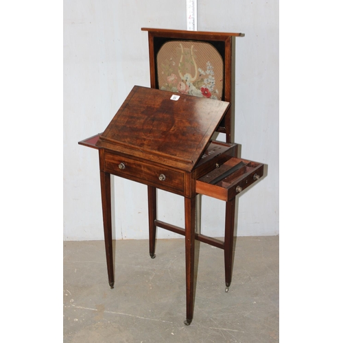 59 - An unusual 19th century ladies writing desk with lift up fire protection screen in Verre églomisé fr... 