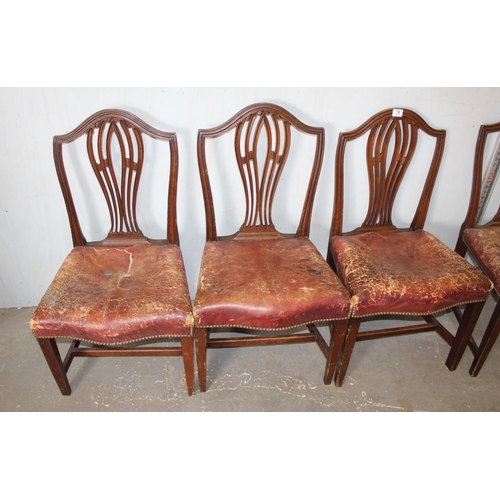 76 - A set of 4 antique dining chairs with worn leather seats