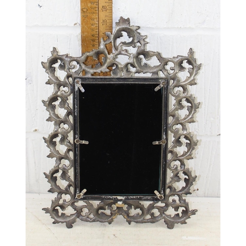 443 - Ornate silver plate on brass cast metal wall mirror in Rococco acanthus leaf style approx 40cm x 29c... 