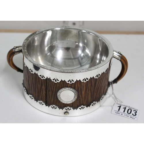 1103 - An unusual Hukin & Heath silver plate mounted wine taster cup with carved wooden body formed as ivor... 