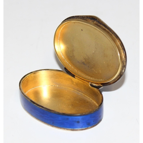 1106 - 925 silver gilt and guilloche enamel pill box, Continental marks