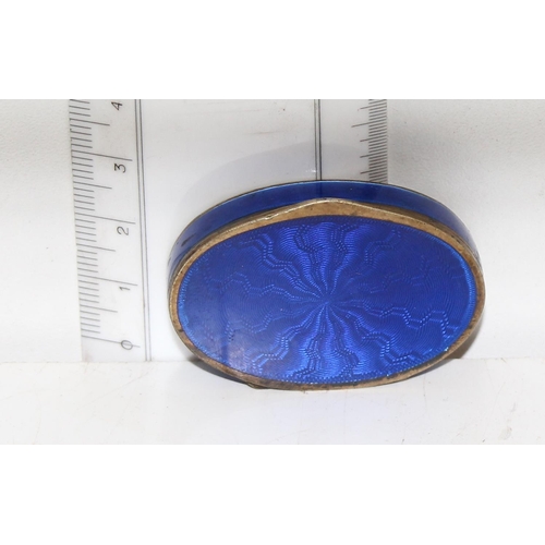 1106 - 925 silver gilt and guilloche enamel pill box, Continental marks