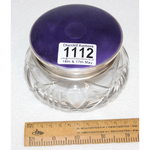 1112 - Silver & mauve enamel topped glass powder jar, Mappin & Webb, London 1948