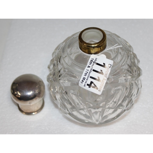 1114 - Silver topped glass grenade shaped perfume bottle, German 925 marks