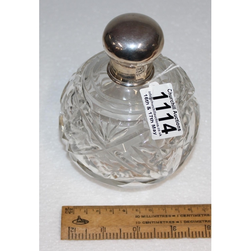 1114 - Silver topped glass grenade shaped perfume bottle, German 925 marks