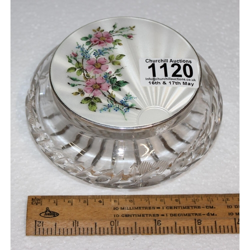 1120 - Silver & enamel topped glass powder jar with floral decoration, Birmingham 1939, makers mark rubbed