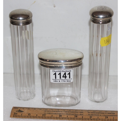 1141 - 3 silver mounted dressing table pots or jars, various dates and makers