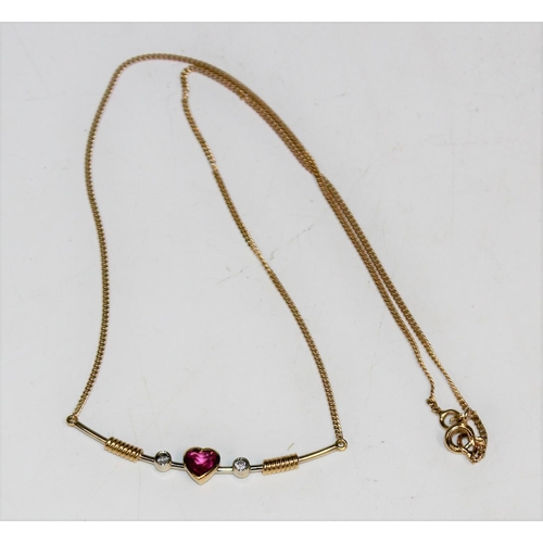 1203 - Italian 18ct gold necklace set with 2 diamonds & heart shaped pink stone, approx 4.2g gross