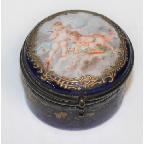 1620 - Antique porcelain pill box, Halcyon Days enamel box etc