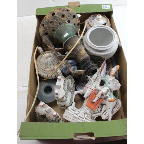 1708 - Box of assorted antique and later ceramics to inc West German pottery lamp, pastille burners etc