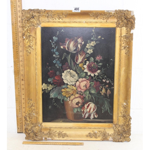 400 - Russian School still life oil on board of a vase of mixed flowers in impressive gilt frame, seemingl... 