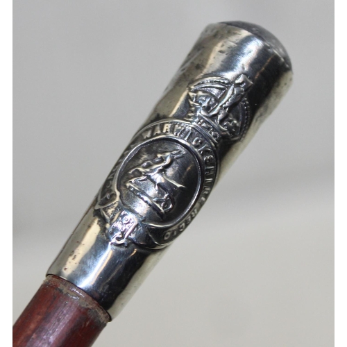 1006 - Early 20th century Warwickshire Regiment swagger stick with silver plated pommel