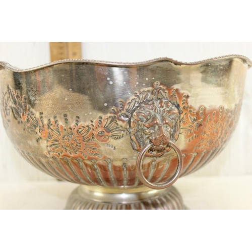 1157 - A large vintage silver plated on copper punch bowl with lion mask handles