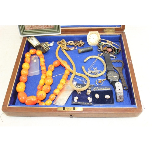 1200 - Qty of assorted costume jewellery, watches, and other misc items in wooden case