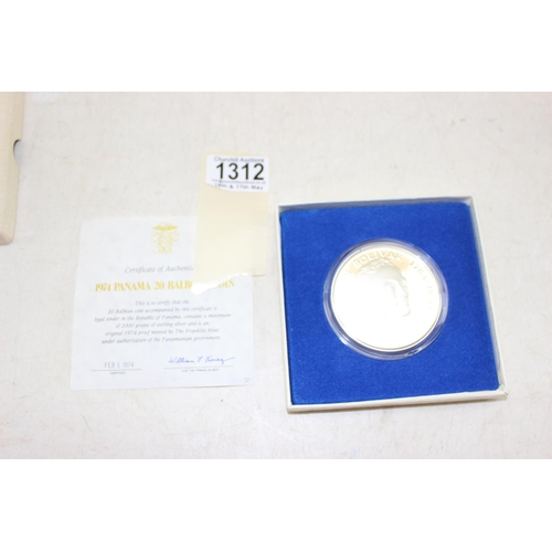 1312 - 1974 Panama 20 Balboas Franklin Mint silver coin, in box with paperwork & a Turks & Caicos Mountbatt... 