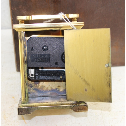 1401 - Quartz brass cased carriage clock with unusual mirrored stand and a vintage Oak cased barometer