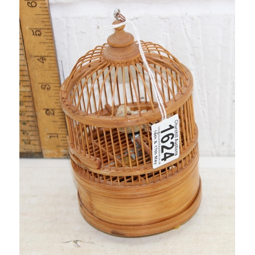 1624 - A vintage wooden cased clockwork automaton bird in cage