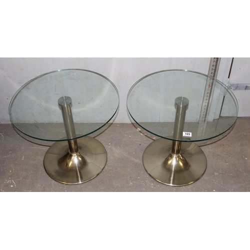 169 - A pair of retro style glass side tables with chrome trumpet shaped bases