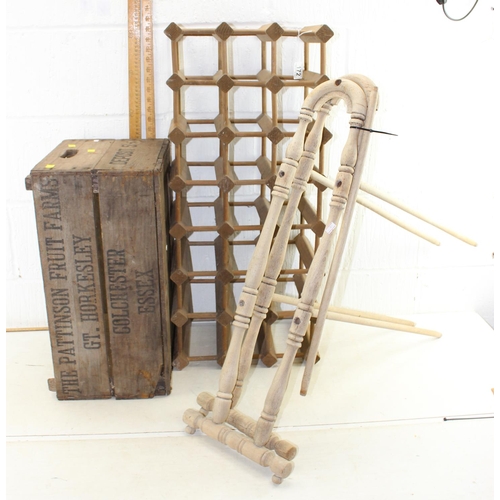 172 - Vintage Pattinson wooden crate, wooden wine rack and a pine towel rail for restoration (3)