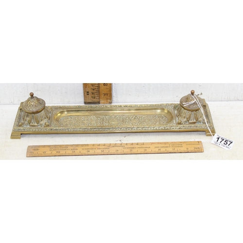 1757 - A vintage Empire style brass desk stand with pen tray and 2 brass inkwells