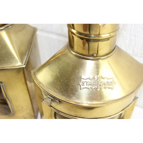 247 - Pair of brass ships lamps with coloured lenses stamped port and starboard 29cm tall.