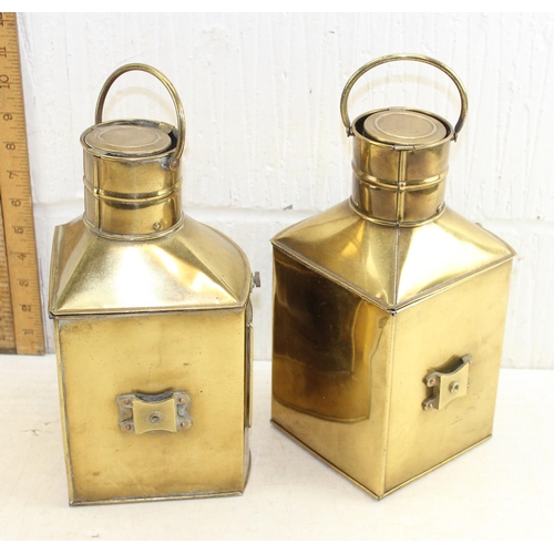 247 - Pair of brass ships lamps with coloured lenses stamped port and starboard 29cm tall.